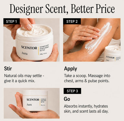 Instructions for using Scentor Aura body moisturizing butter with step-by-step guidance.