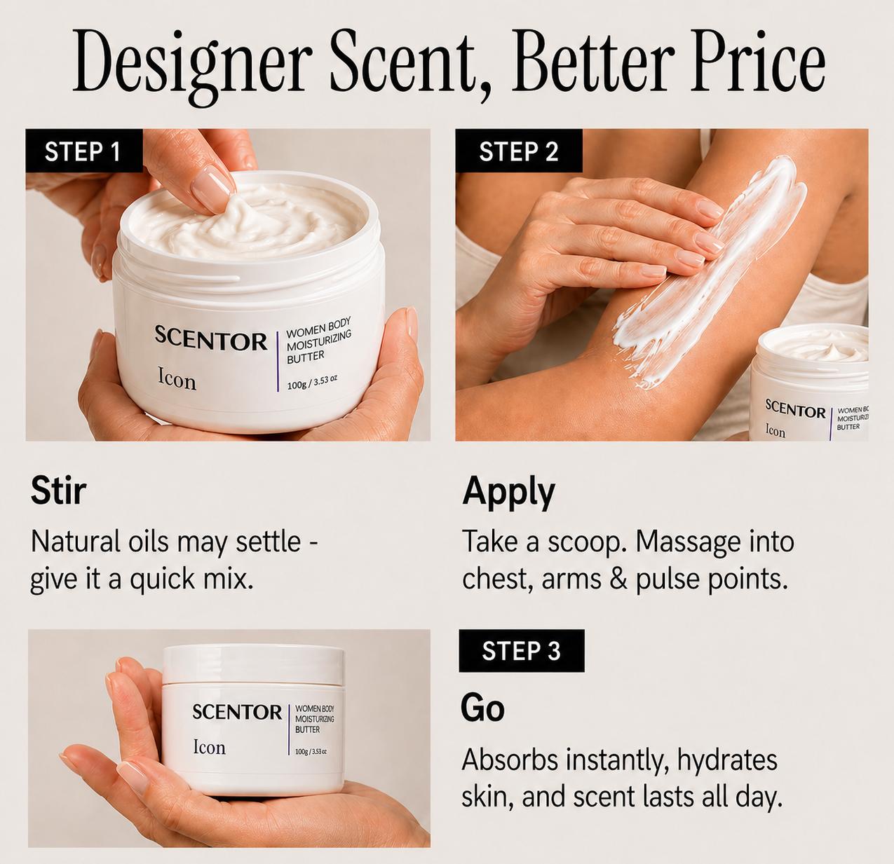 Instructions for using Scentor Icon body moisturizing butter with step-by-step guidance.